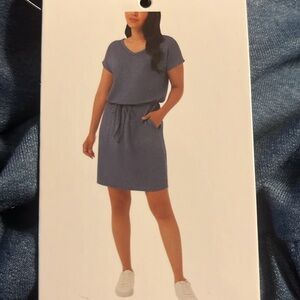 32 Degrees V-Neck Short Sleeve Adjust Waist Drawstring Pocket Dress blue sz Med